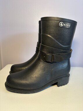 Aigle Fur Lined Rain Boots with Moto Look Rare! Size 37